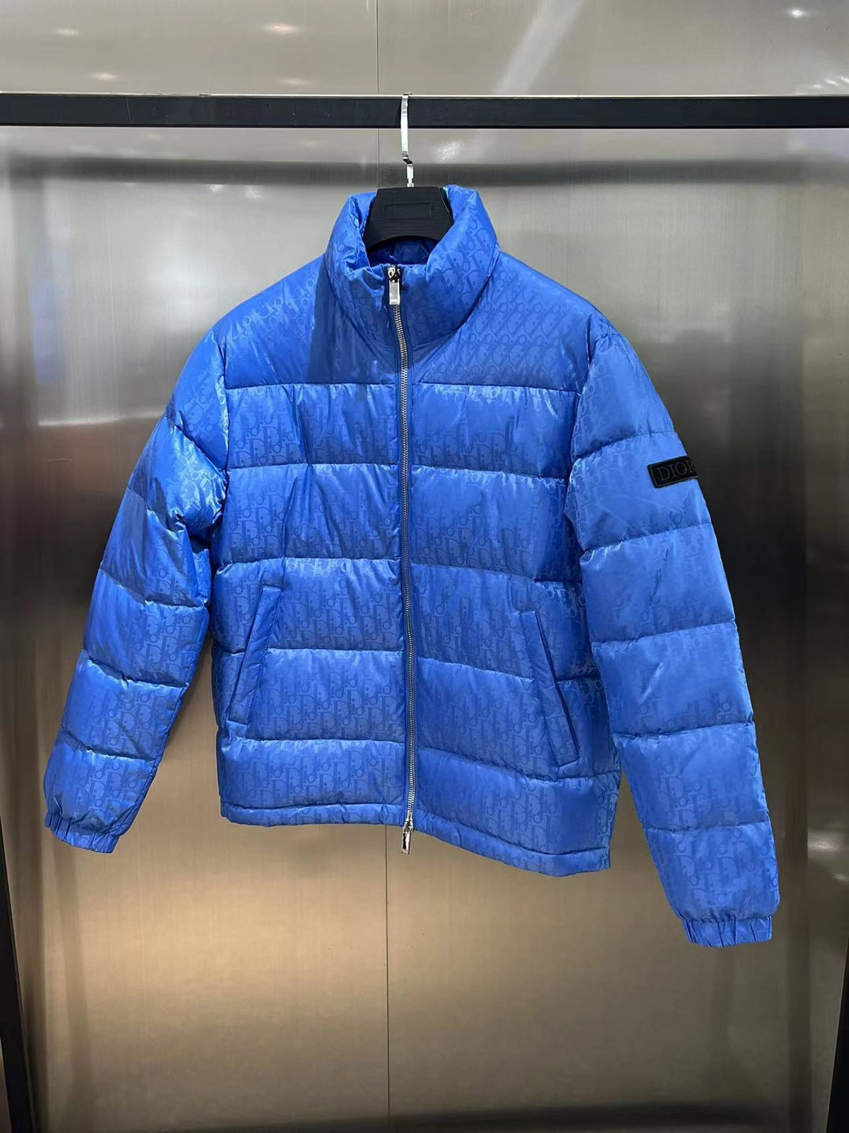 Dior Blue Monogram Puffer Jacket with Stand Collar