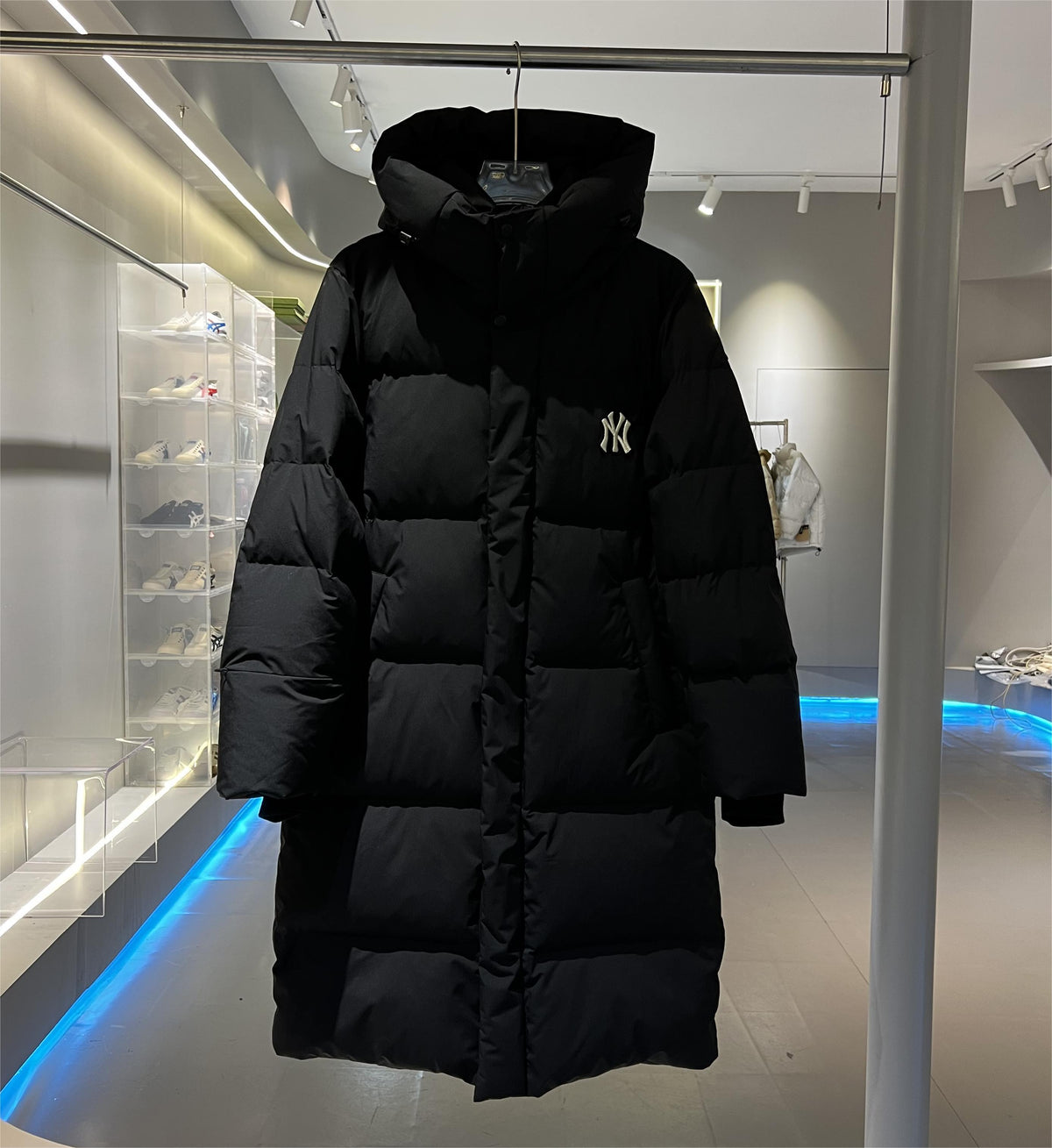 MLB NY Logo Black Long Hooded Puffer Coat