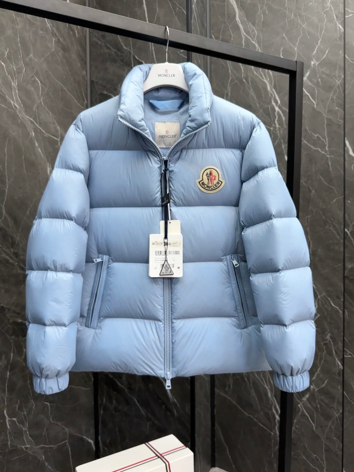 Moncler Light Blue Quilted Puffer Jacket with Stand Collar