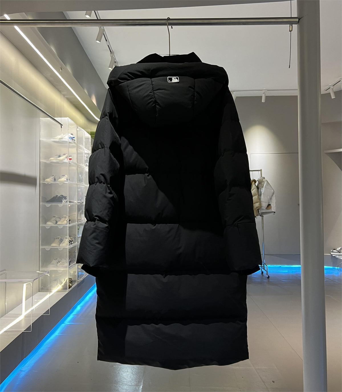 MLB NY Logo Black Long Hooded Puffer Coat