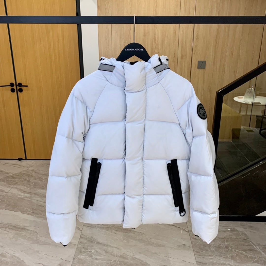 Canada Goose White Hooded Quilted Puffer Jacket with Black Trim