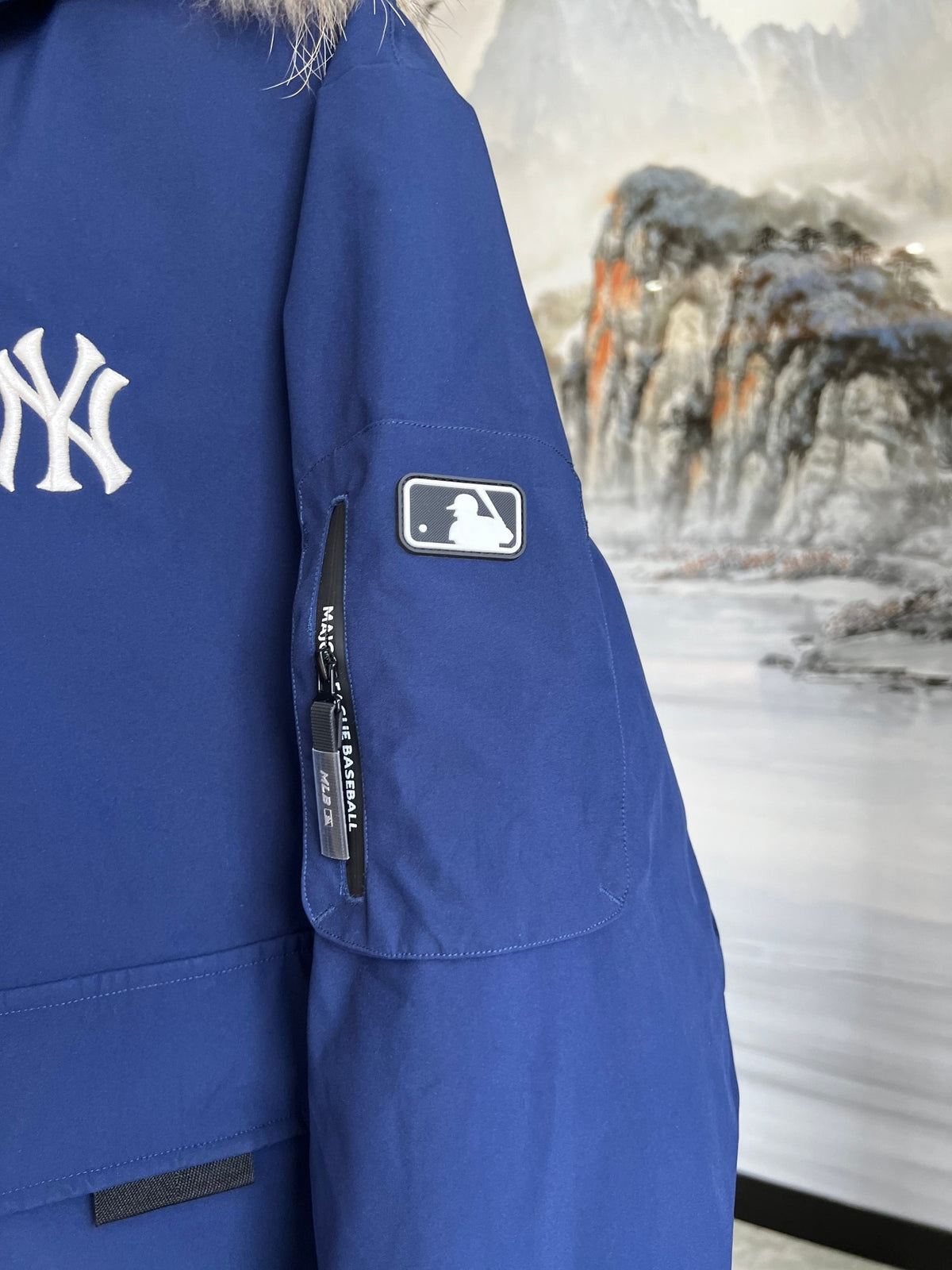 MLB New York Yankees Blue Hooded Bomber Jacket with Plush Trim
