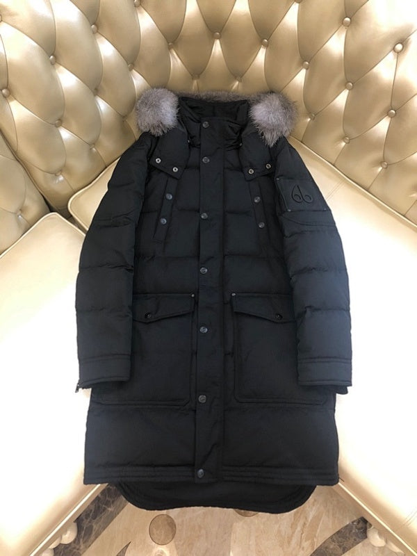 Moose Knuckles Black Long Hooded Parka with Grey Textured Trim
