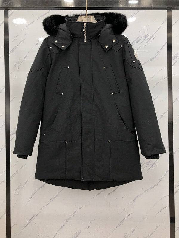 Moose Knuckles Black Hooded Parka with Textured Trim
