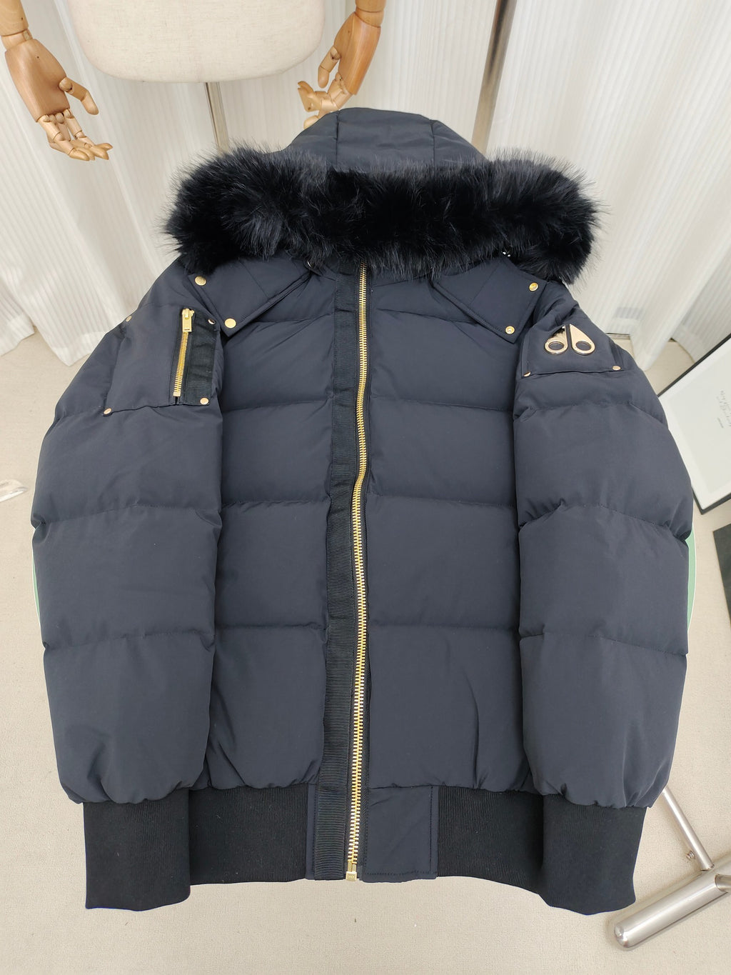 Moose Knuckles Charcoal Hooded Puffer Jacket with Gold-Tone Details