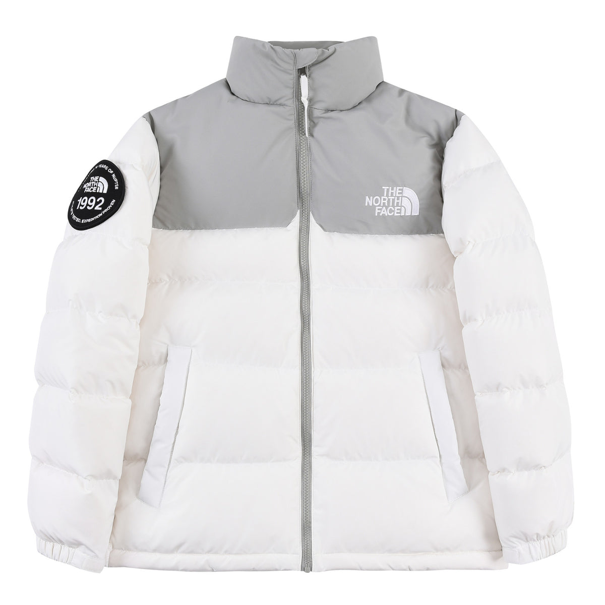 The North Face White and Gray Colorblock Puffer Jacket