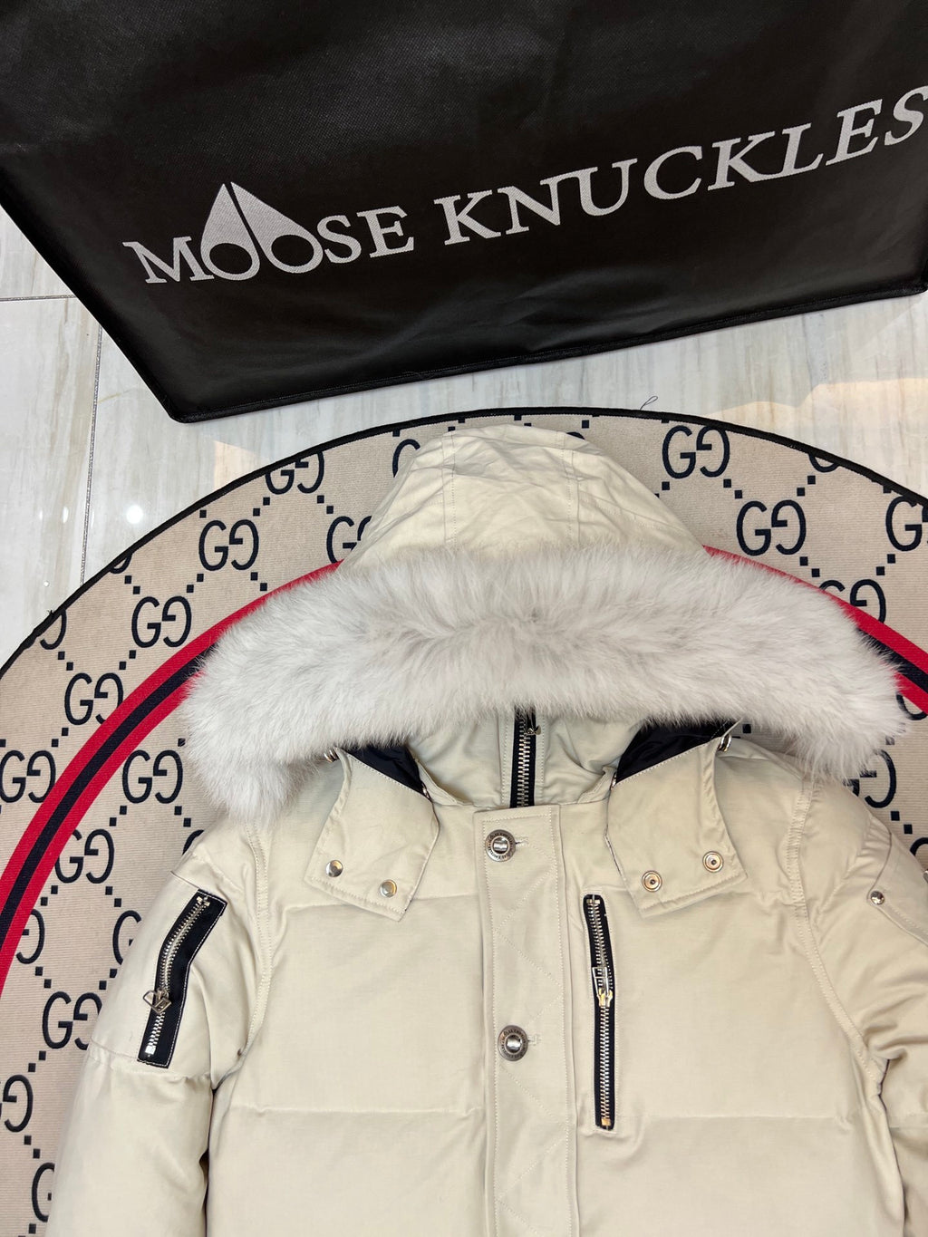 Moose Knuckles Ivory White Fur-Look Trim Hooded Puffer Parka