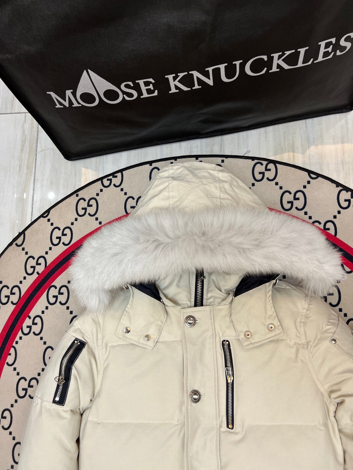Moose Knuckles Ivory White Fur-Look Trim Hooded Puffer Parka