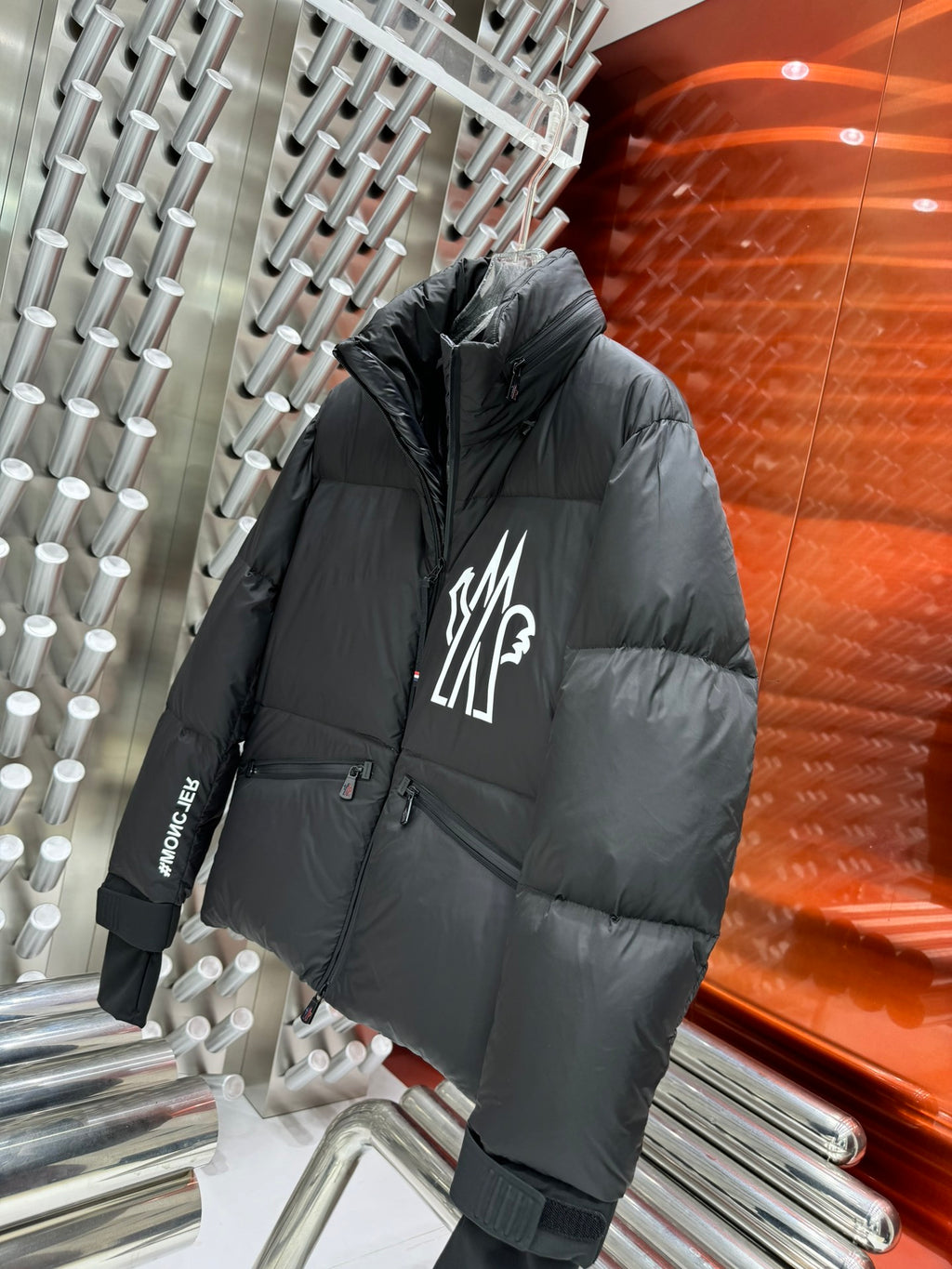Moncler Black High-Collar Puffer Jacket with Graphic Back Print