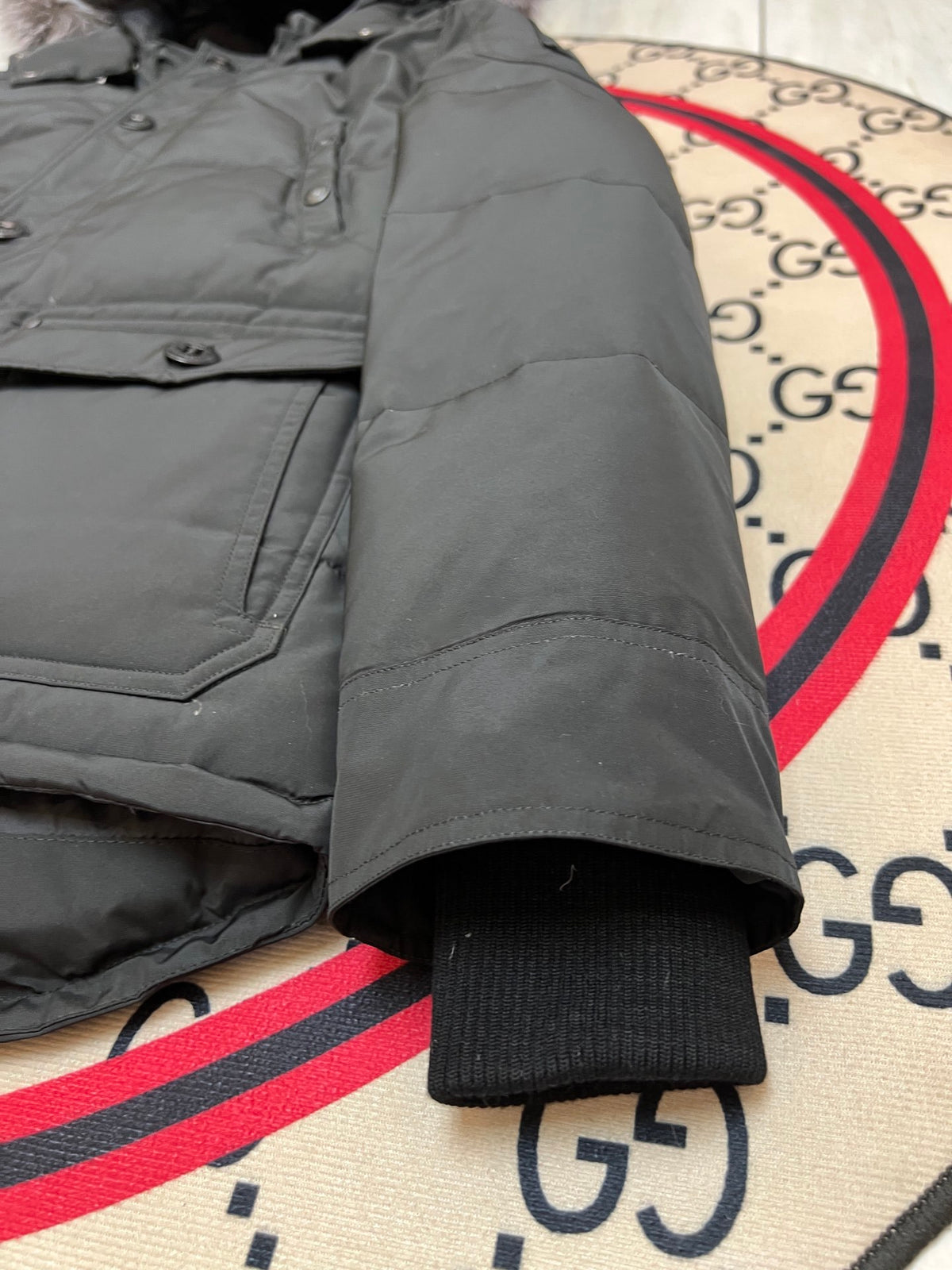 Moose Knuckles Charcoal Hooded Parka with Grey Textured Trim