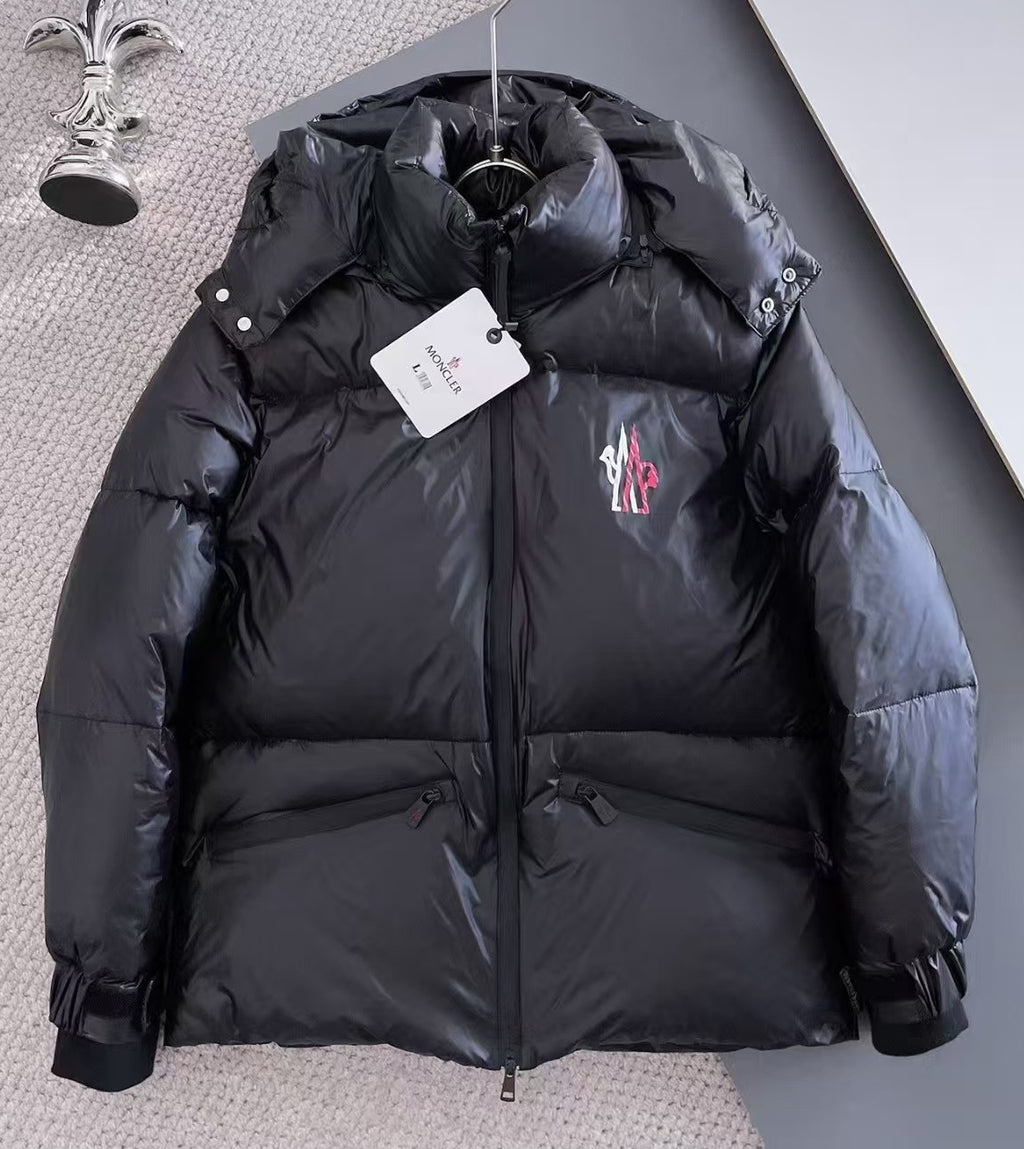 Moncler Black Hooded Puffer Jacket with Red and White Chest Logo