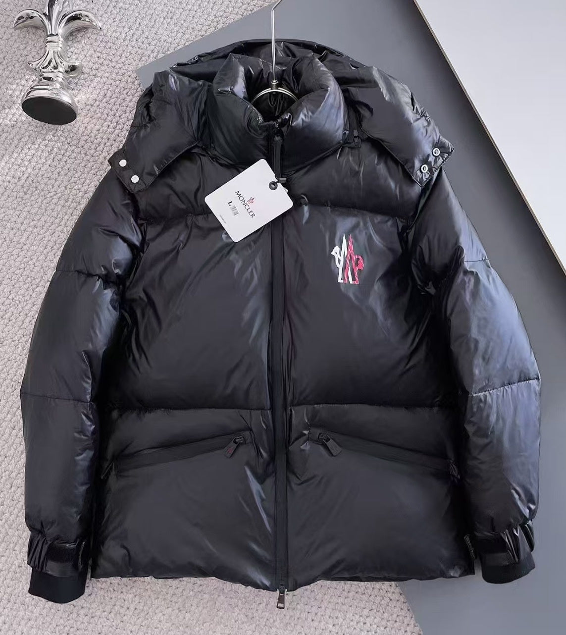 Moncler Black Hooded Puffer Jacket with Red and White Chest Logo