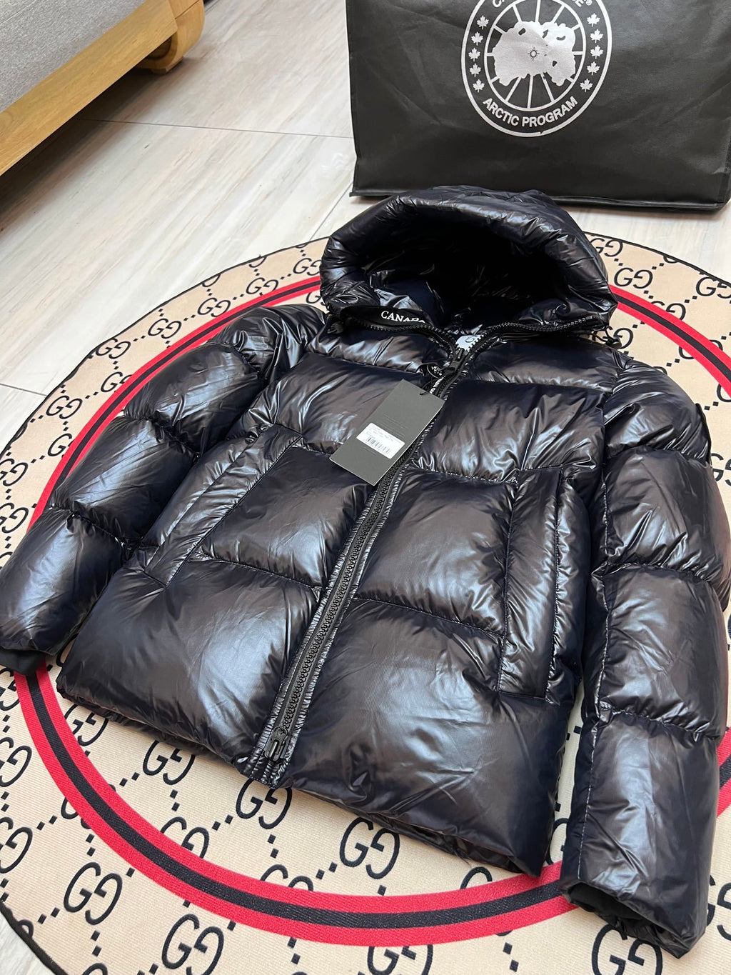 Glossy Black Hooded Puffer Jacket