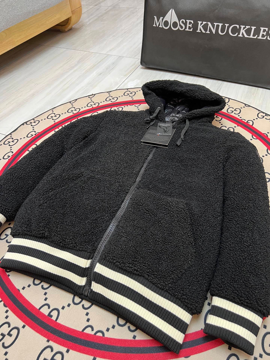 Moose Knuckles Textured Hooded Zip-Up Jacket with Striped Trim