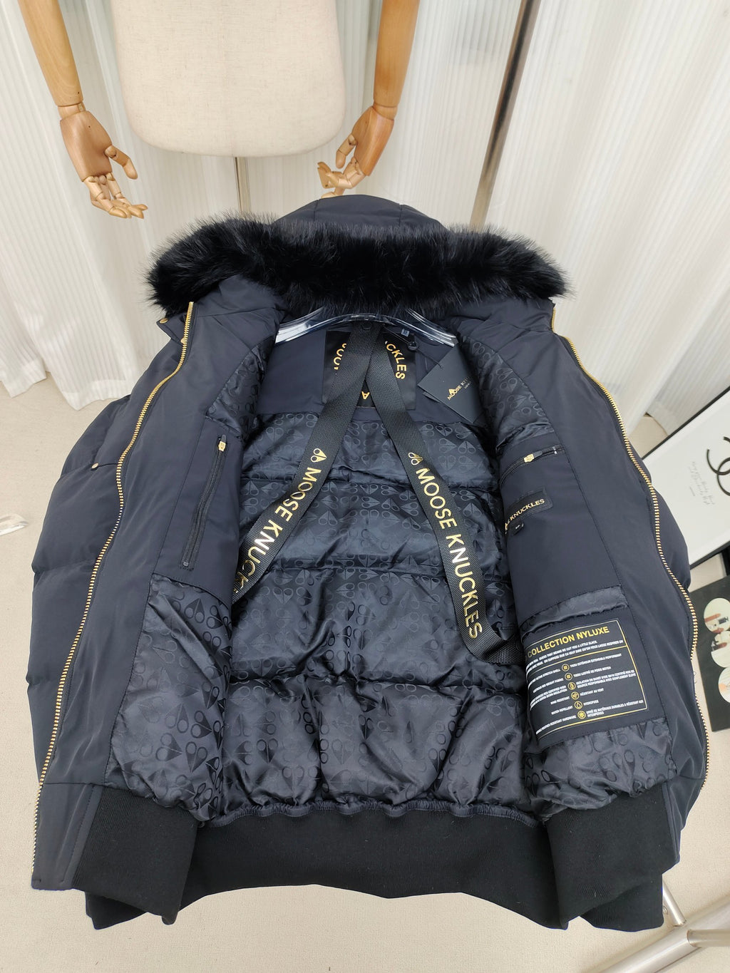 Moose Knuckles Charcoal Hooded Puffer Jacket with Gold-Tone Details
