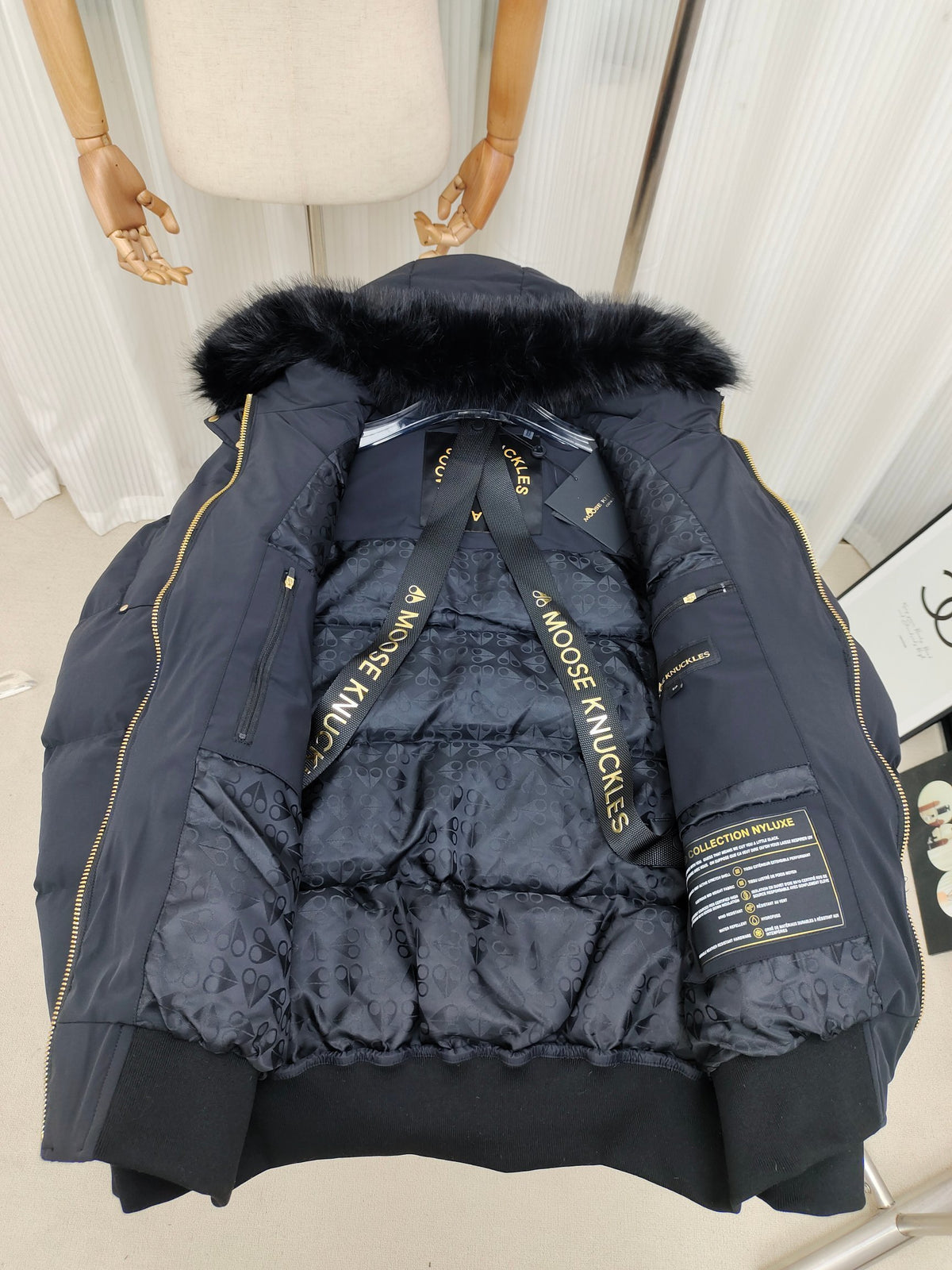 Moose Knuckles Charcoal Hooded Puffer Jacket with Gold-Tone Details