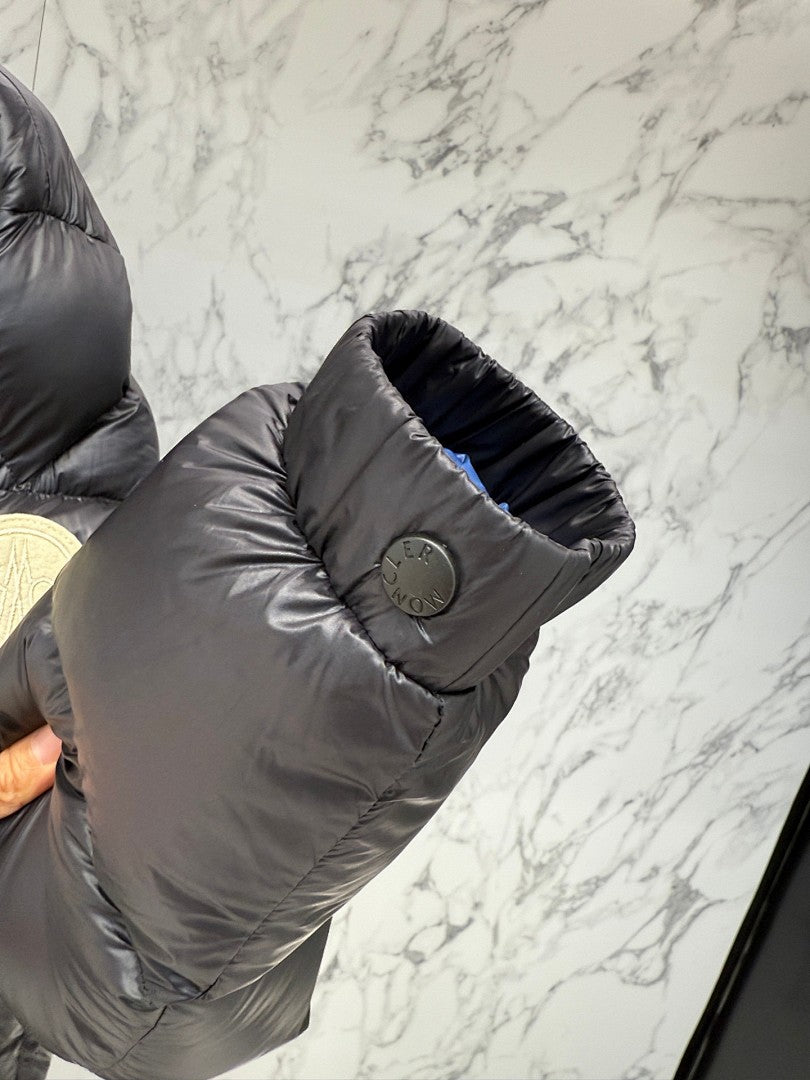 Moncler Black High-Collar Puffer Jacket with Blue Lining