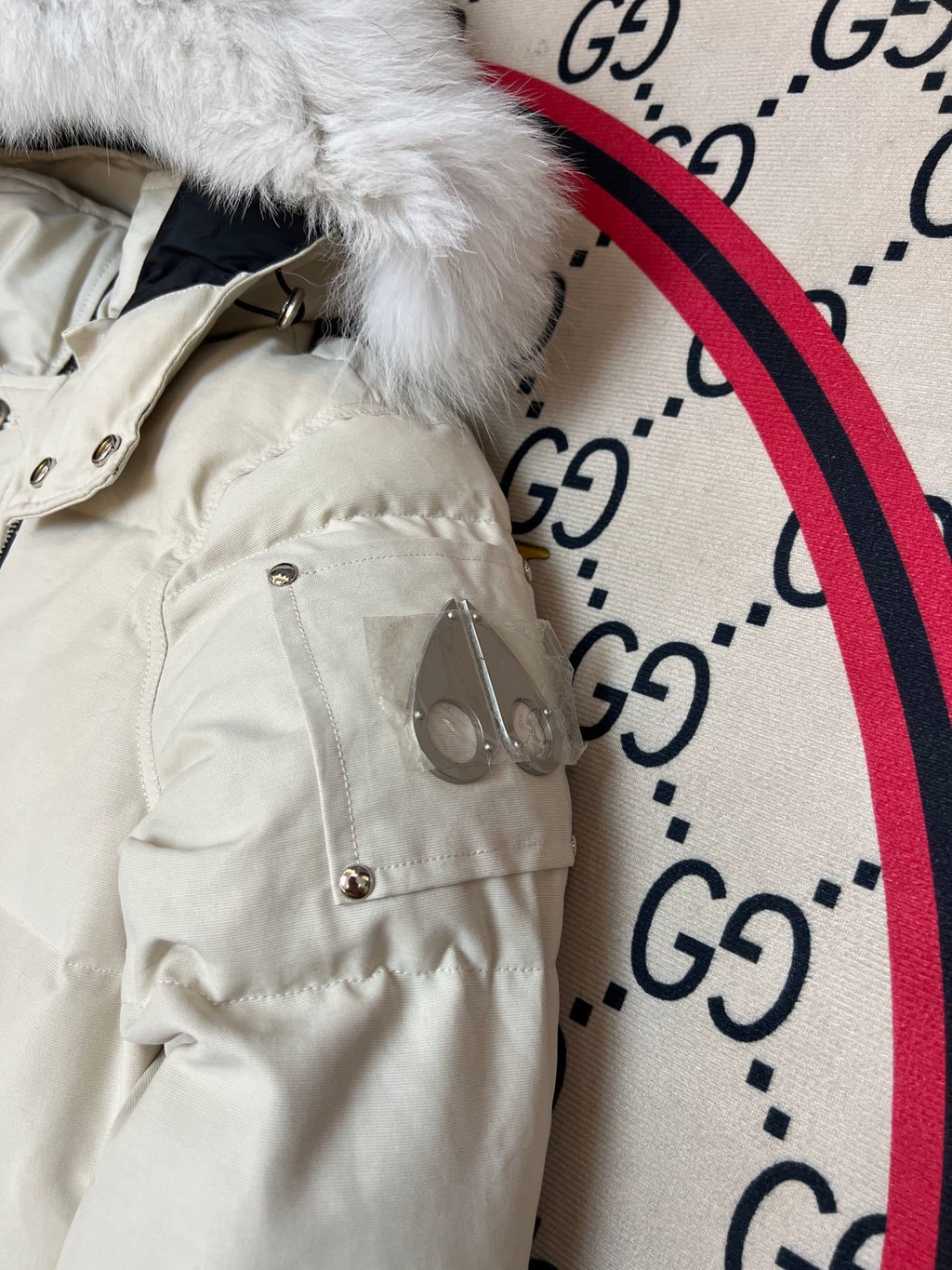 Moose Knuckles Ivory White Fur-Look Trim Hooded Puffer Parka