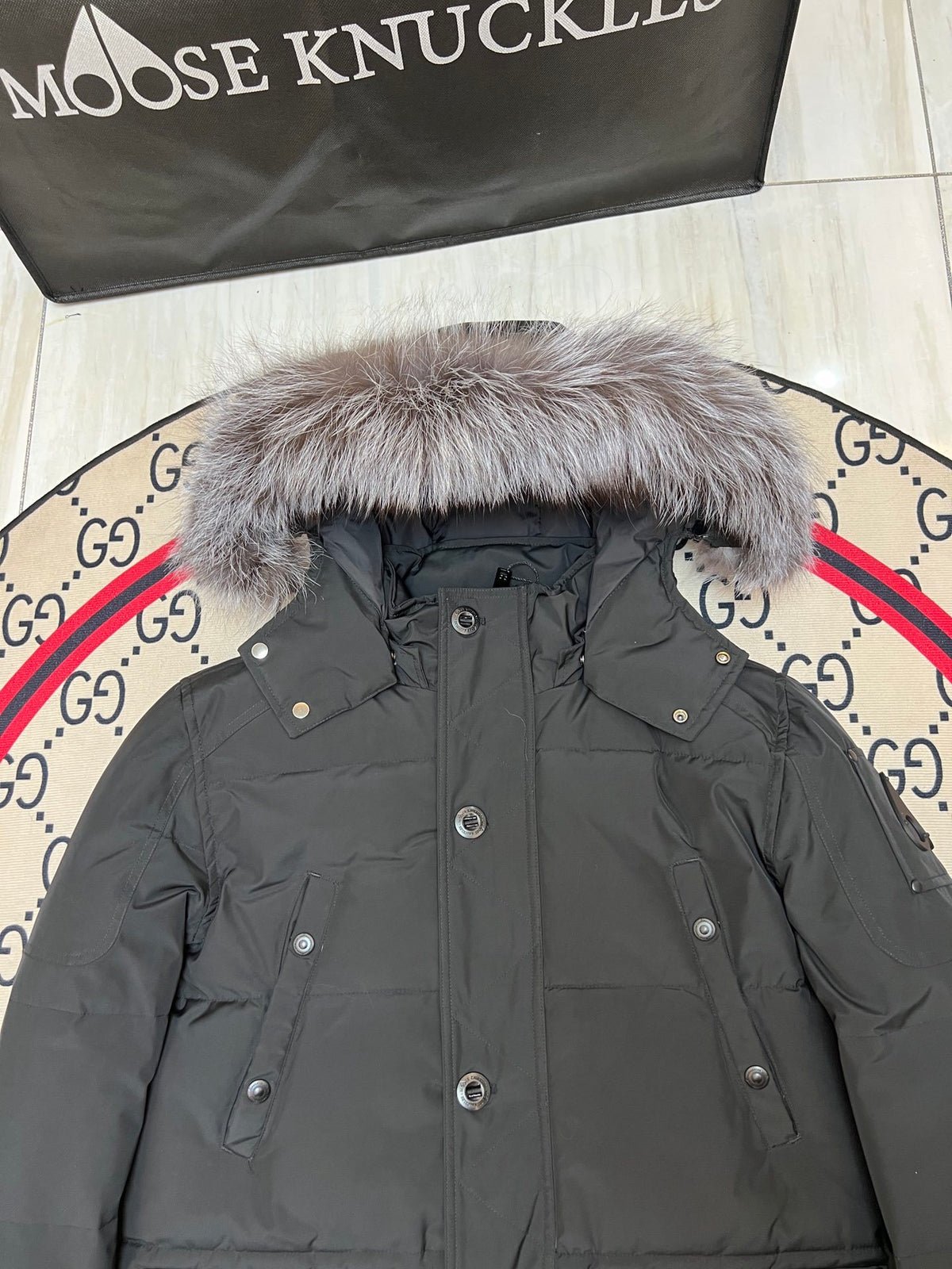 Moose Knuckles Charcoal Hooded Parka with Grey Textured Trim