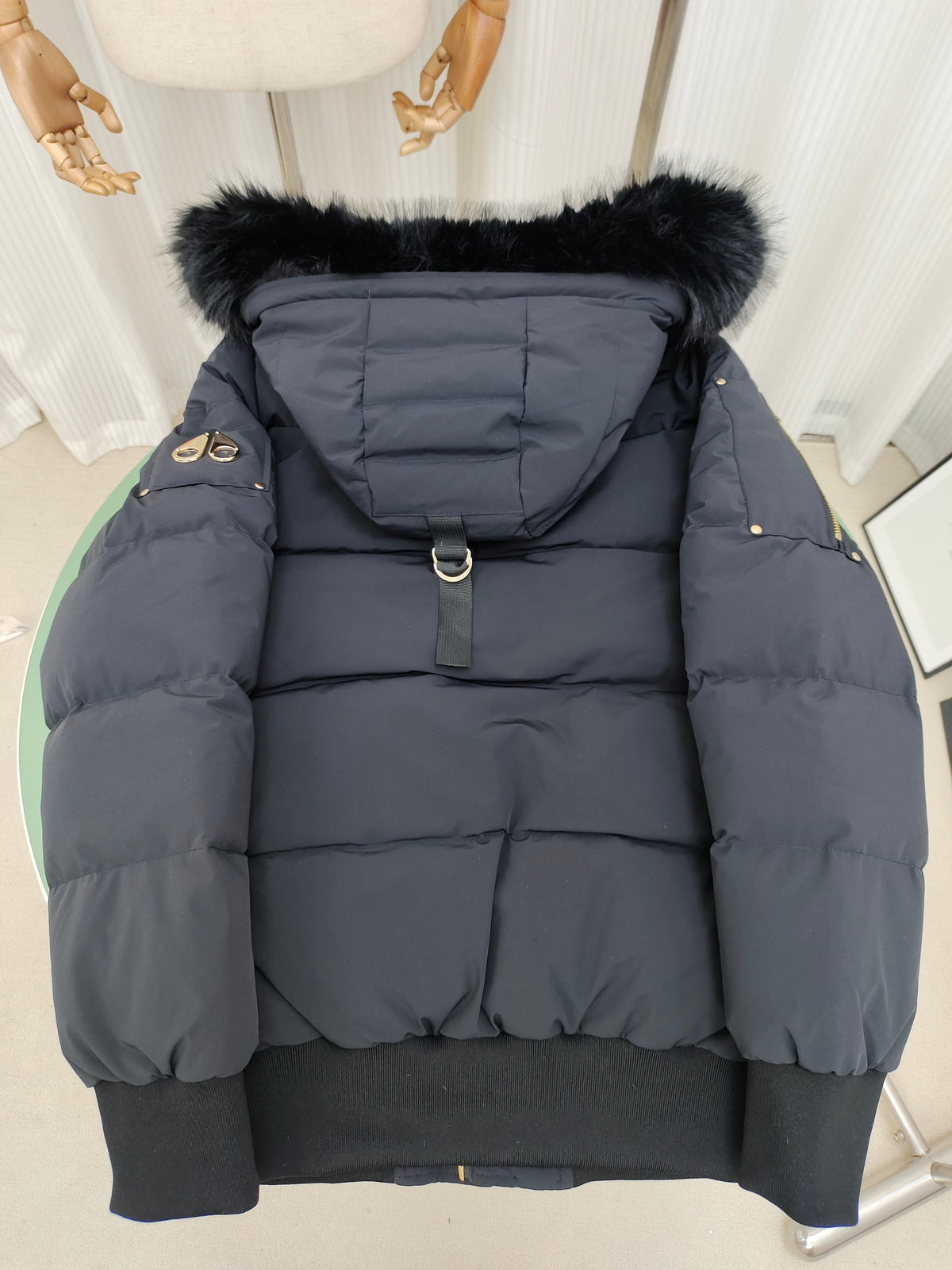 Moose Knuckles Charcoal Hooded Puffer Jacket with Gold-Tone Details