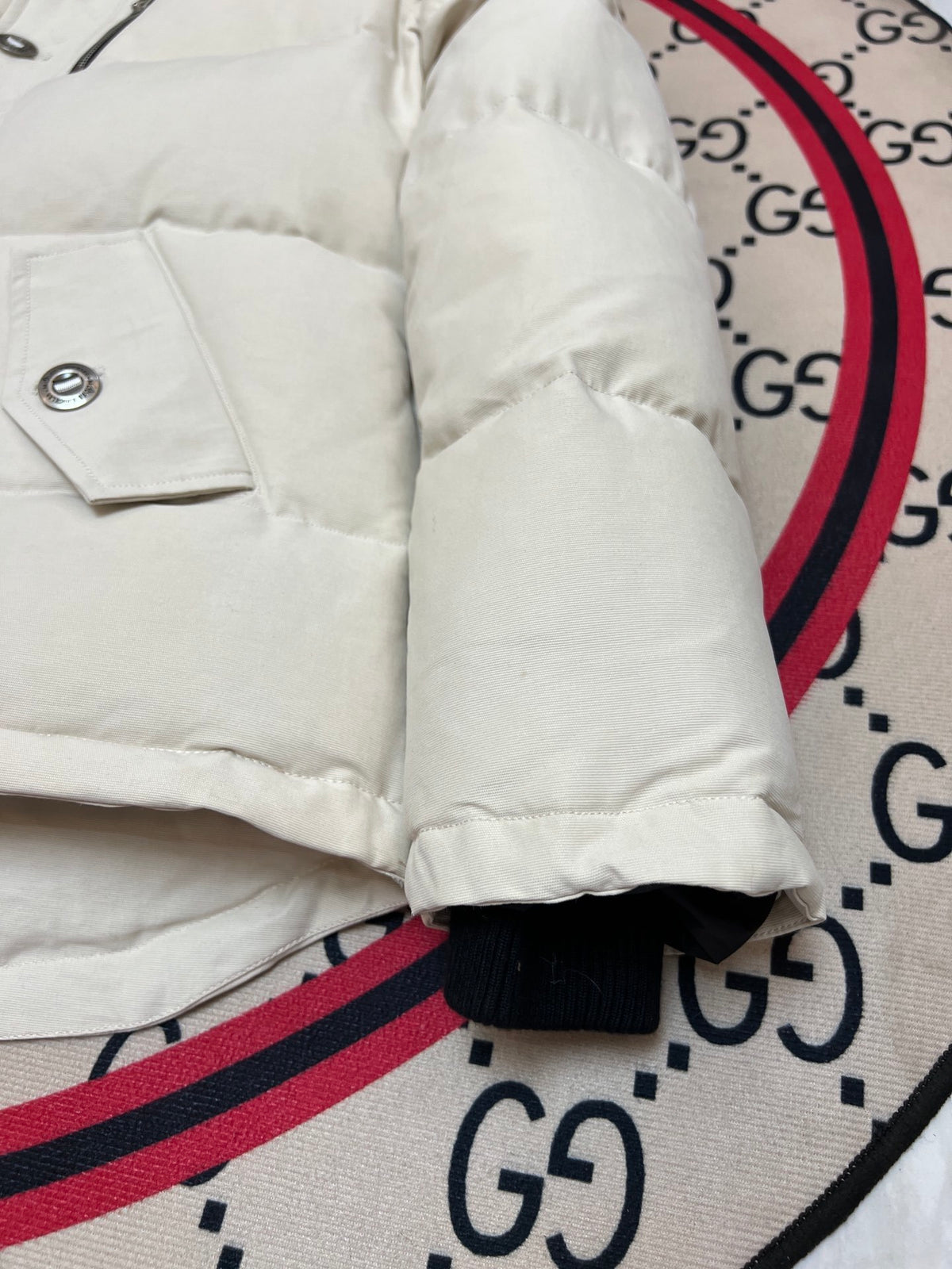 Moose Knuckles Ivory White Fur-Look Trim Hooded Puffer Parka