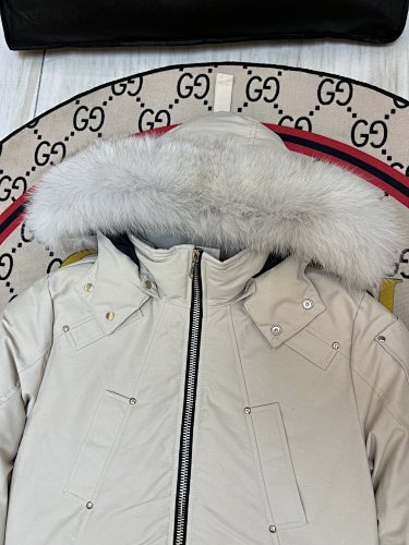 Moose Knuckles Ivory White Fur-Look Trim Hooded Bomber Jacket