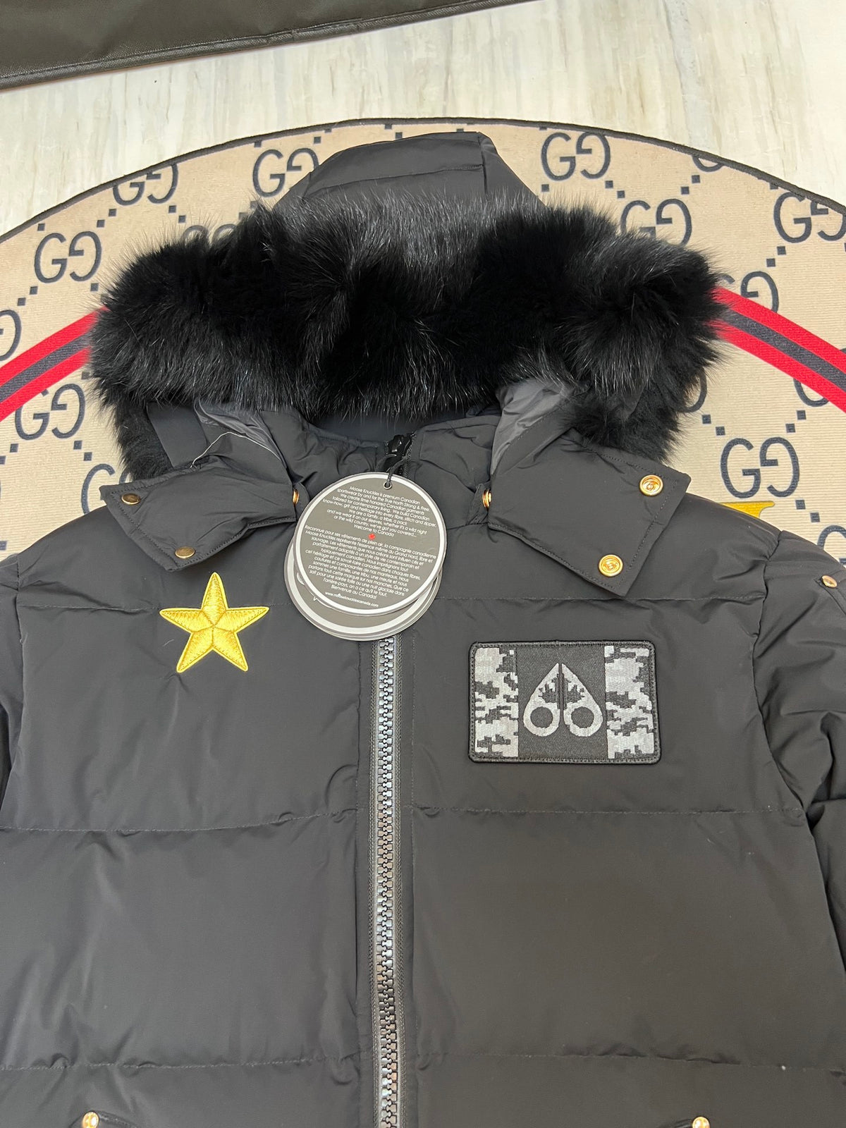 Moose Knuckles Graphic Hooded Puffer Jacket with Textured Trim