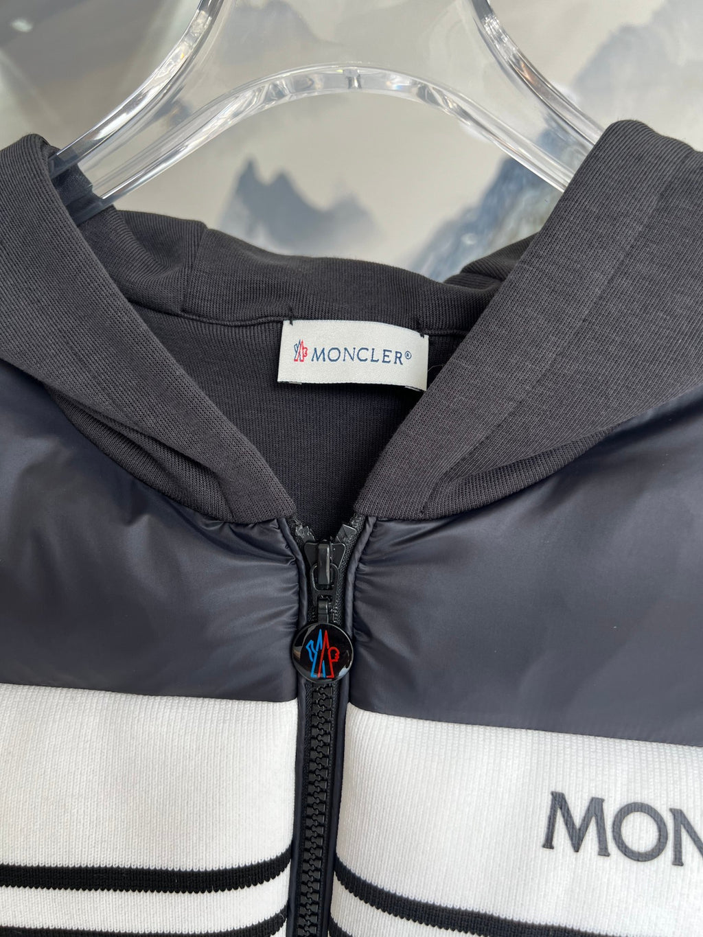 Moncler Black & White Stripe Quilted-Front Hooded Jacket