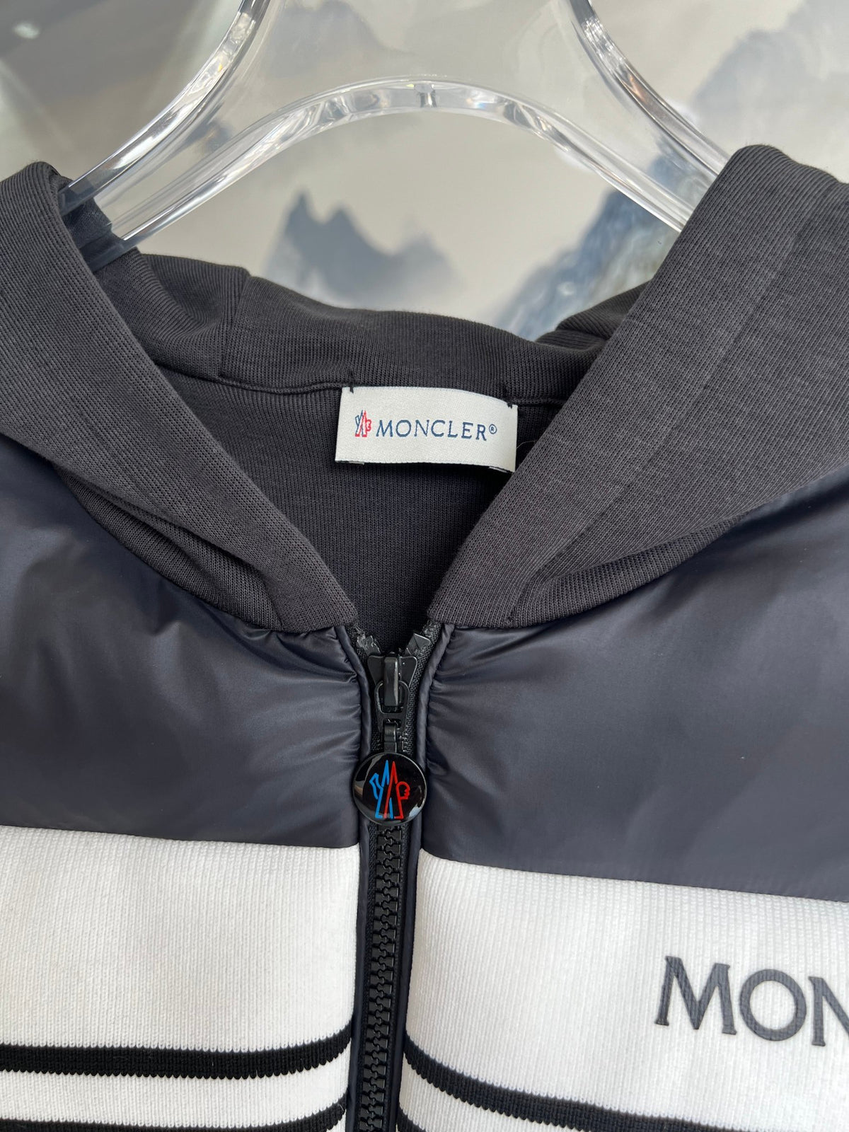Moncler Black & White Stripe Quilted-Front Hooded Jacket