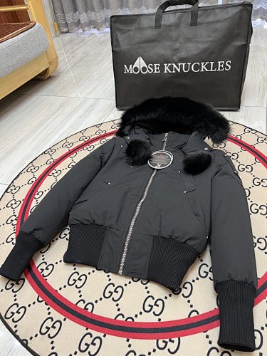 Moose Knuckles Black Hooded Bomber Jacket with Pom-Pom Details