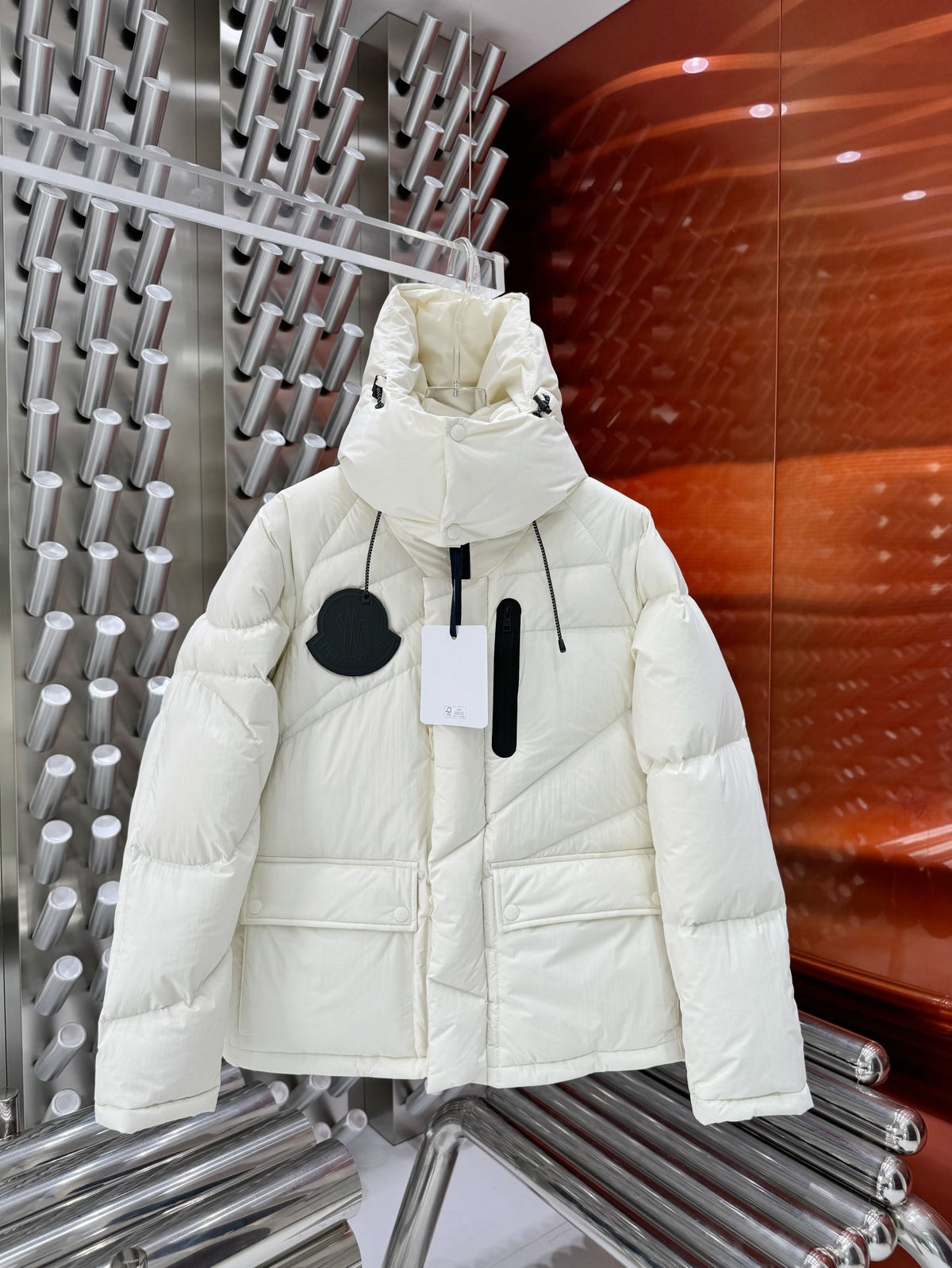 Moncler Ivory White Asymmetric-Quilt Hooded Puffer Jacket