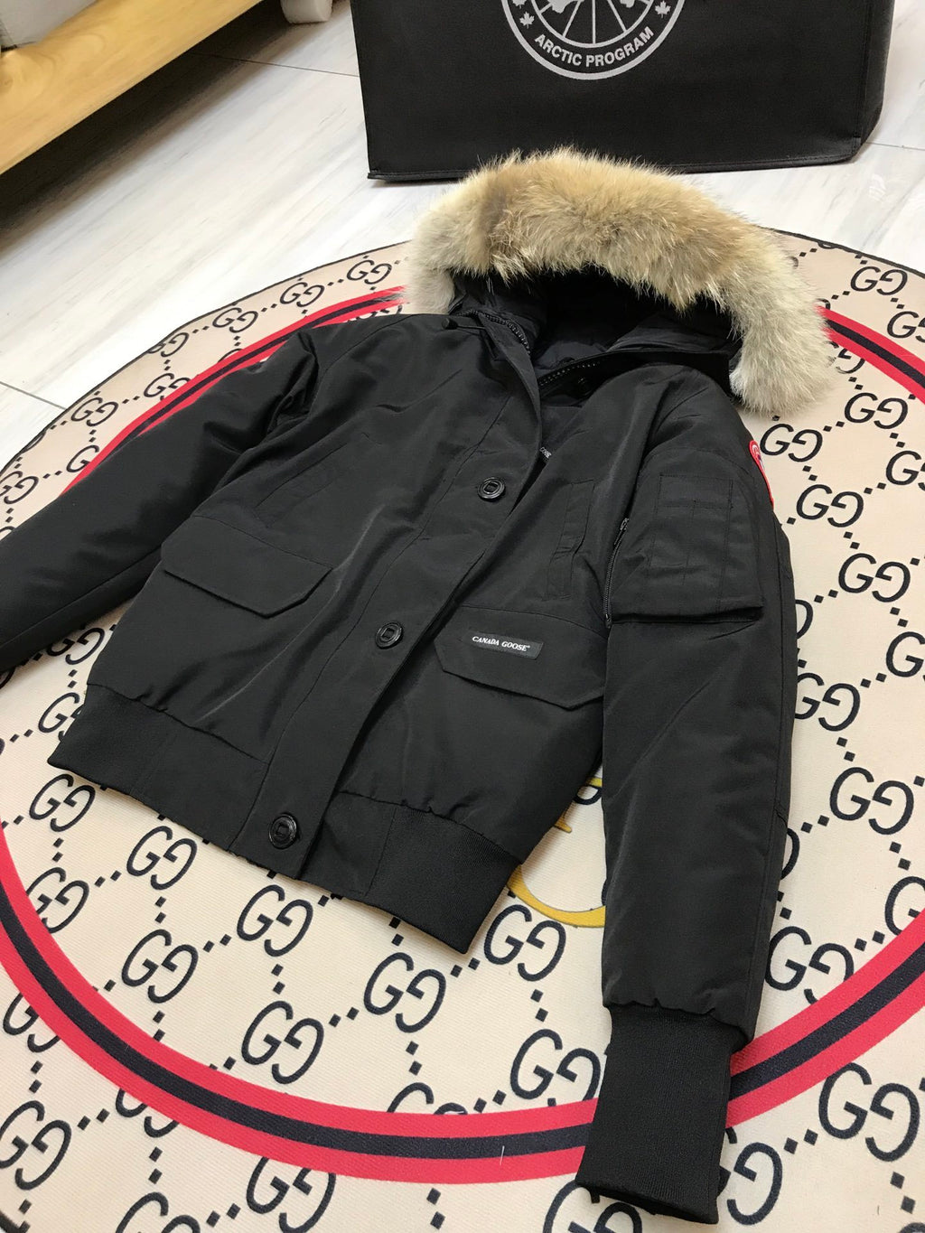 Canada Goose Black Button-Front Hooded Bomber Jacket