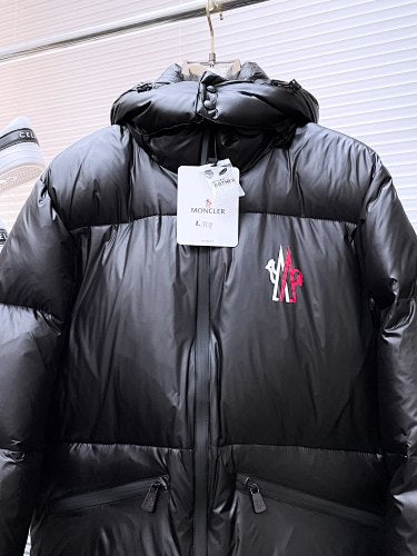 Moncler Black Hooded Puffer Jacket with Red and White Chest Logo