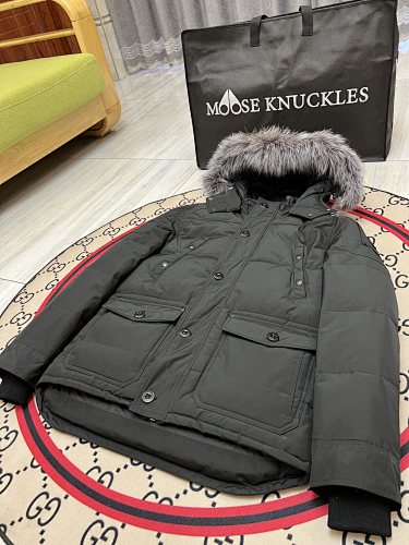 Moose Knuckles Charcoal Hooded Parka with Grey Textured Trim