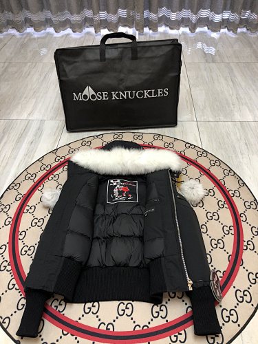 Moose Knuckles Black Hooded Bomber Jacket with Pom-Pom Details