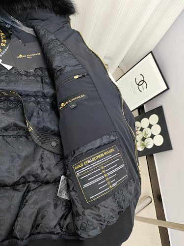 Moose Knuckles Charcoal Hooded Puffer Jacket with Gold-Tone Details
