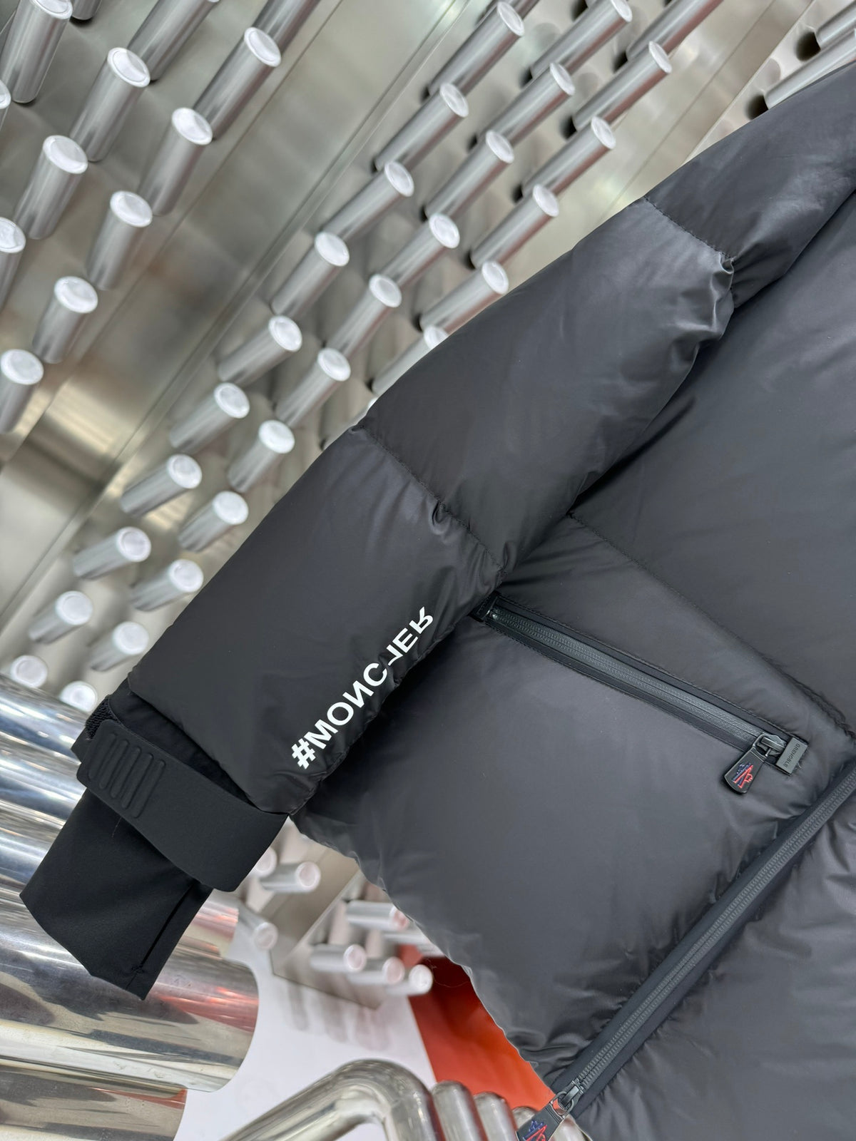 Moncler Black High-Collar Puffer Jacket with Graphic Back Print