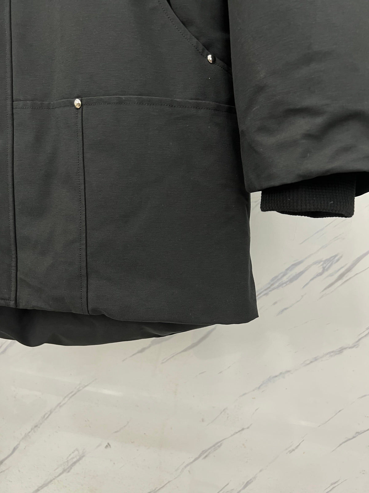 Moose Knuckles Black Hooded Parka with Textured Trim