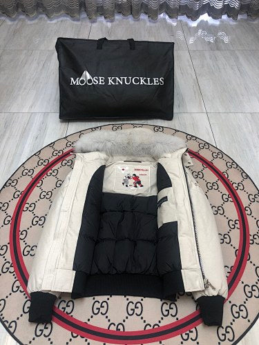 Moose Knuckles Ivory White Fur-Look Trim Hooded Bomber Jacket