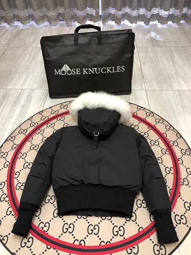 Moose Knuckles Black Hooded Bomber Jacket with Pom-Pom Details