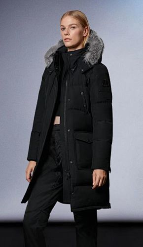 Moose Knuckles Black Long Hooded Parka with Grey Textured Trim