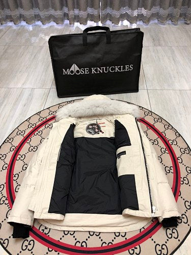 Moose Knuckles Ivory White Fur-Look Trim Hooded Puffer Parka