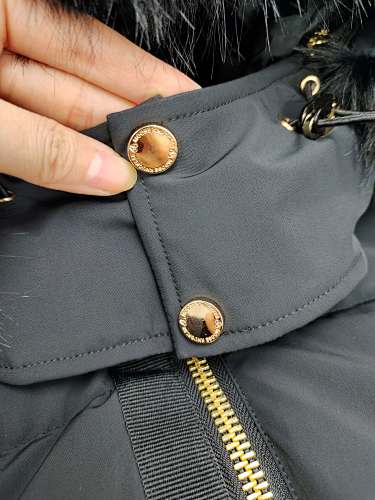 Moose Knuckles Charcoal Hooded Puffer Jacket with Gold-Tone Details