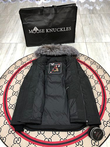 Moose Knuckles Charcoal Hooded Parka with Grey Textured Trim