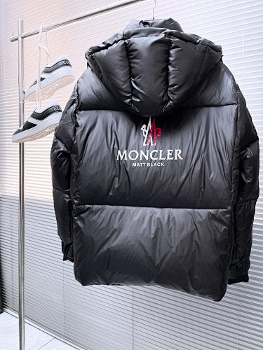 Moncler Black Hooded Puffer Jacket with Red and White Chest Logo