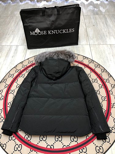 Moose Knuckles Charcoal Hooded Parka with Grey Textured Trim
