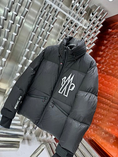 Moncler Black High-Collar Puffer Jacket with Graphic Back Print