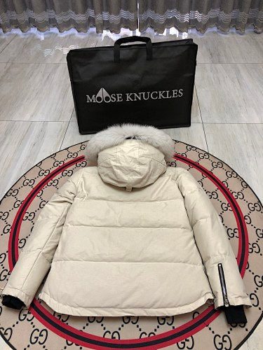 Moose Knuckles Ivory White Fur-Look Trim Hooded Puffer Parka