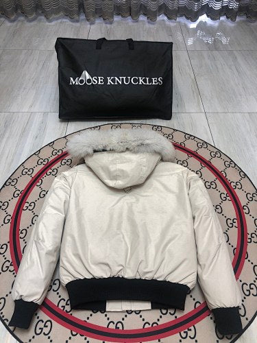 Moose Knuckles Ivory White Fur-Look Trim Hooded Bomber Jacket
