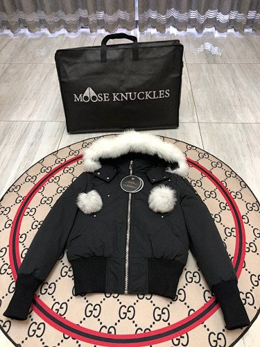 Moose Knuckles Black Hooded Bomber Jacket with Pom-Pom Details